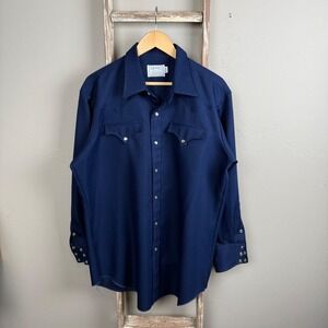 Vintage HbarC Blue Polyester Western Pearl Snap Longsleeve Shirt XL 17.5x34